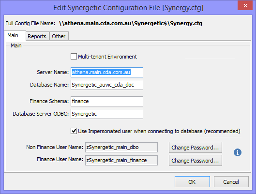 Edit Synergetic Configuration File [Synergy.cfg] window - Main Database tab